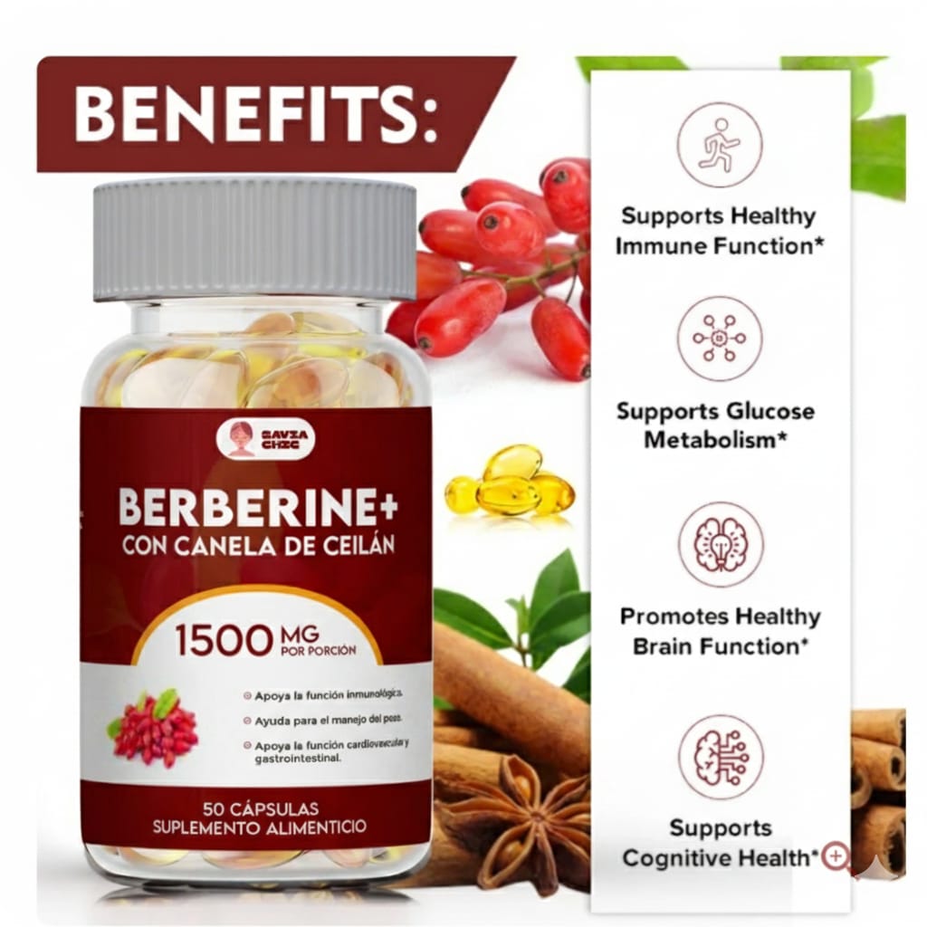 Berberina 1500 mg con Canela de Ceilán – Control Natural de Azucar, Colesterol y Peso – 50 Cápsulas Vegetales